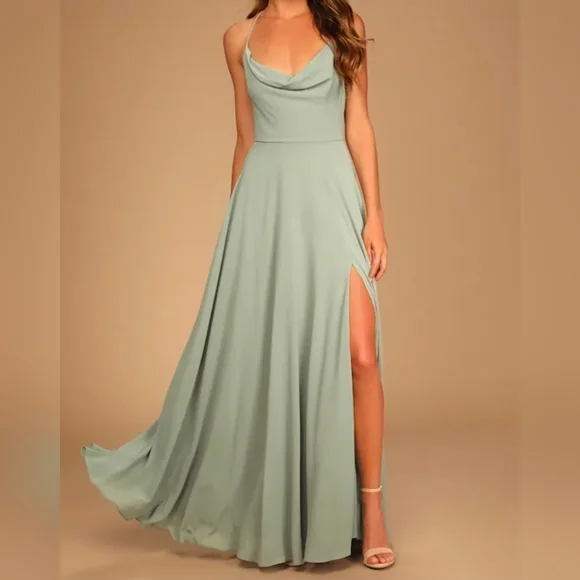 Lulus Romantically Speaking Sage Green Cowl Lace-Up Back Maxi Dress - Picture 6 of 15